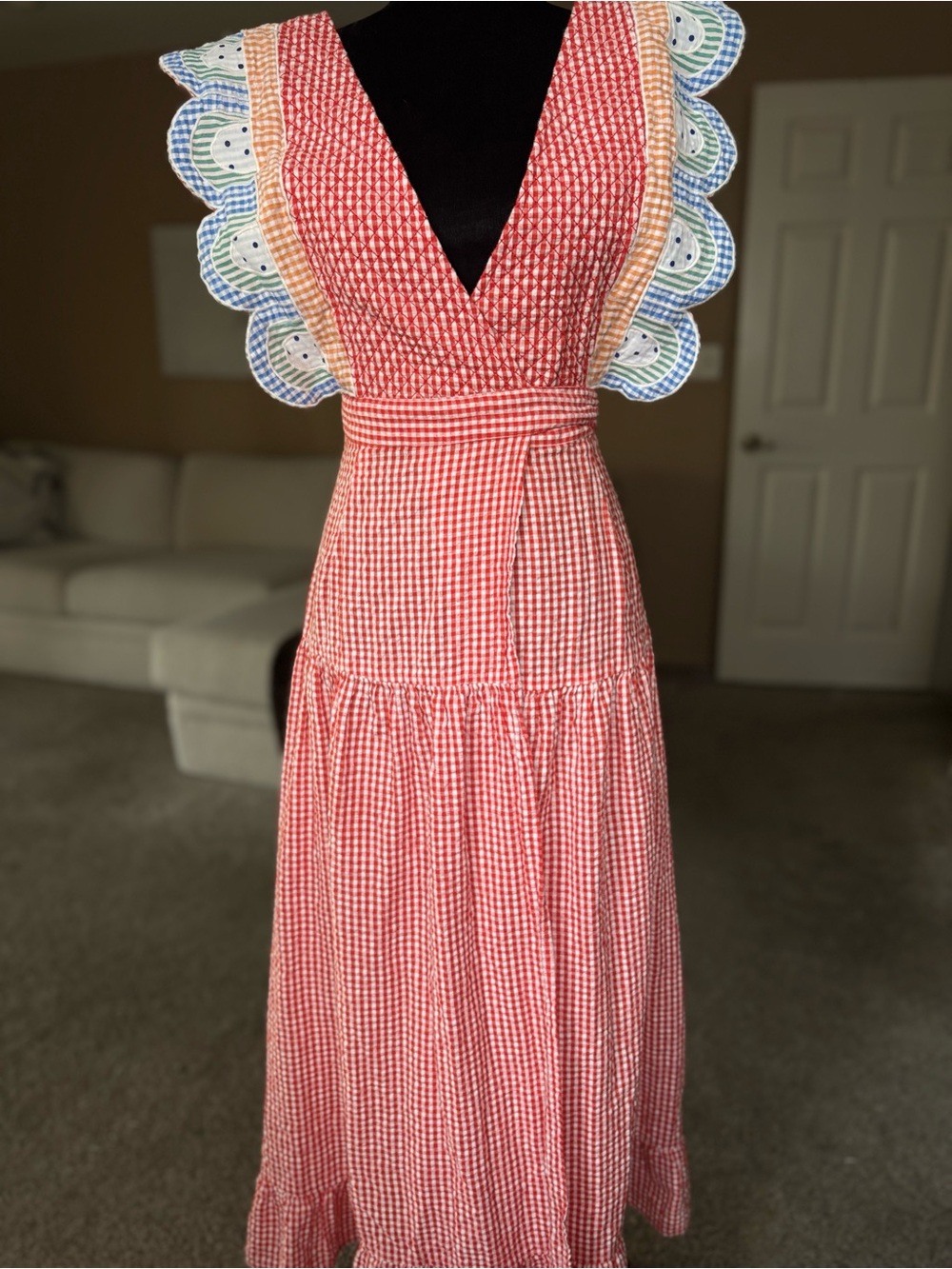 Stella Nova Sussie Scalloped Gingham Cotton Midi Dress Size XS/34